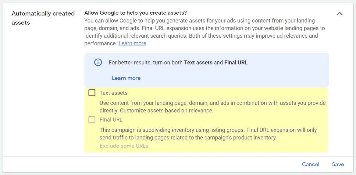 The “Allow Google to help you create assets?” panel, with both Text assets and Final URL unchecked.