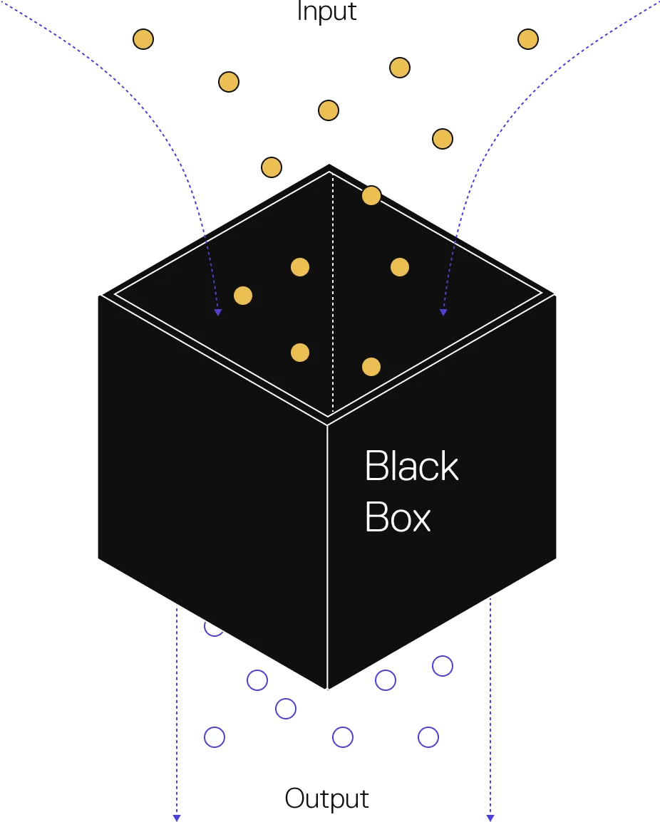 A black box diagram. Inputs go in the top, outputs come out the bottom, and the mechanism in between is not visible.
